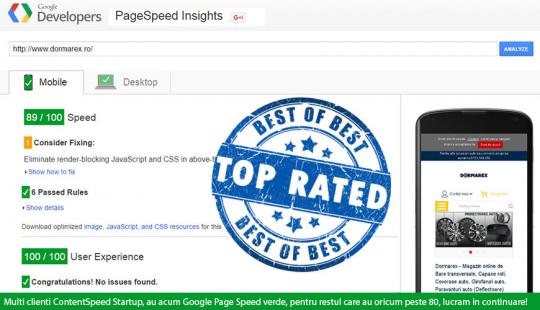 Google Page Speed este verde pe platforma ContentSpeed Startup